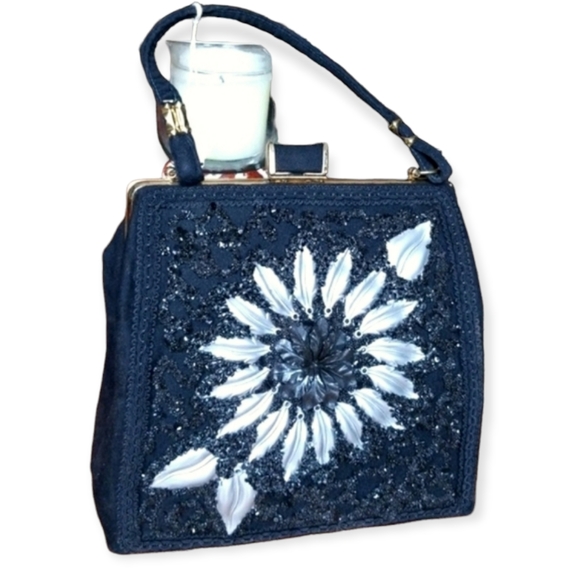 Vintage Handbags - Vintage Signed "CARON" Purse Houston Texas Black Fabric Beaded Original Tag